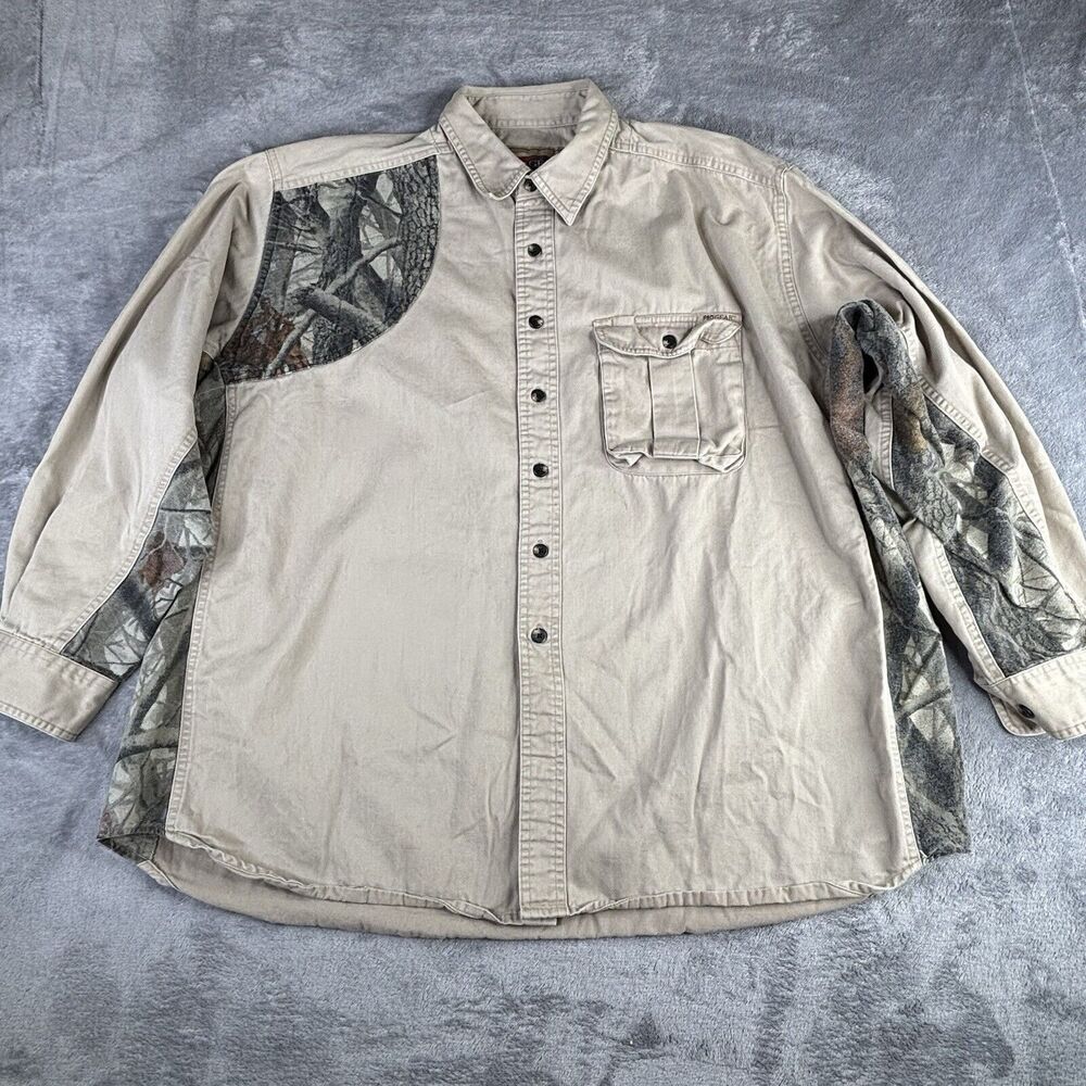 Wrangler Shooting Shirt Mens‎ XXL Pro Gear Khaki Forest Camo Hunting Tan Cotton